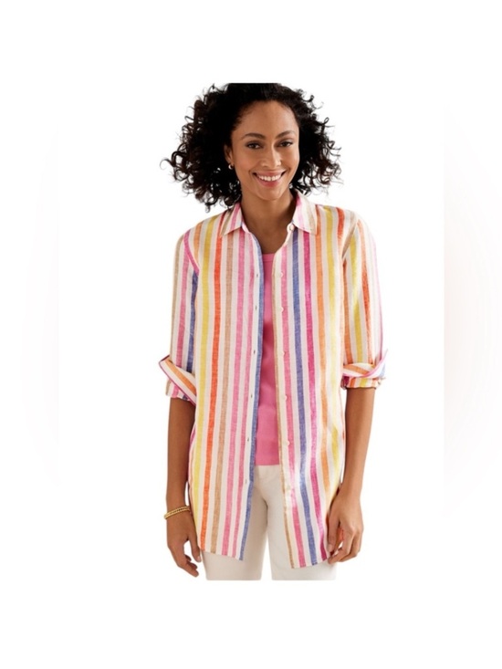Talbots Tops - Talbots Multicolor Striped Button-Down Linen Beach Coastal Summer Shirt Sz LP